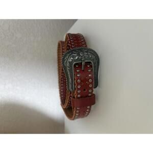 Shyanne Genuine Leather Studded Belt - Brown Silver Flower 48.5 in long